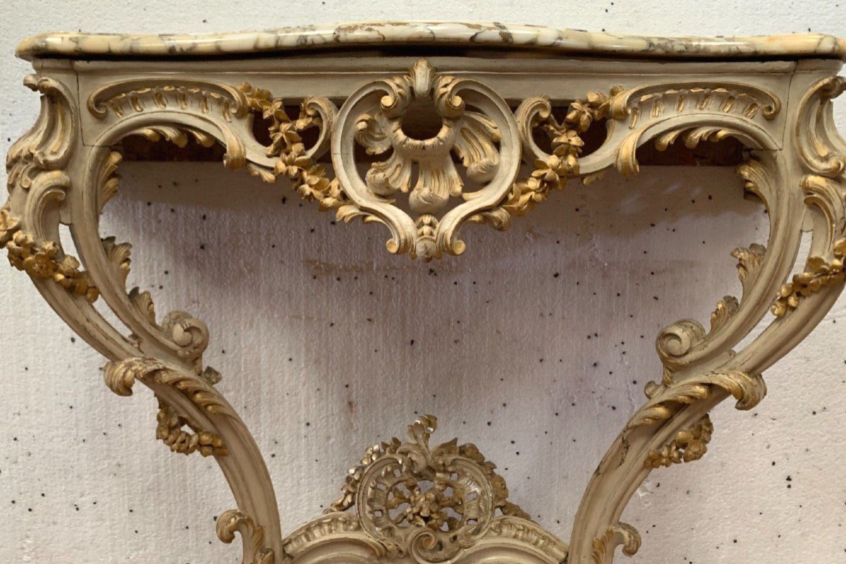 Louis XV Style Carved Console In Painted And Gilded Wood XX Century-photo-3