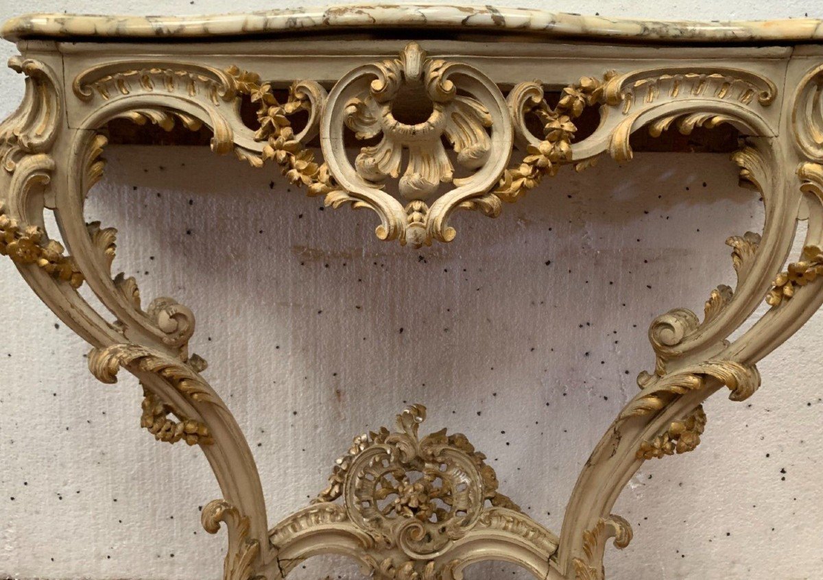 Louis XV Style Carved Console In Painted And Gilded Wood XX Century-photo-2