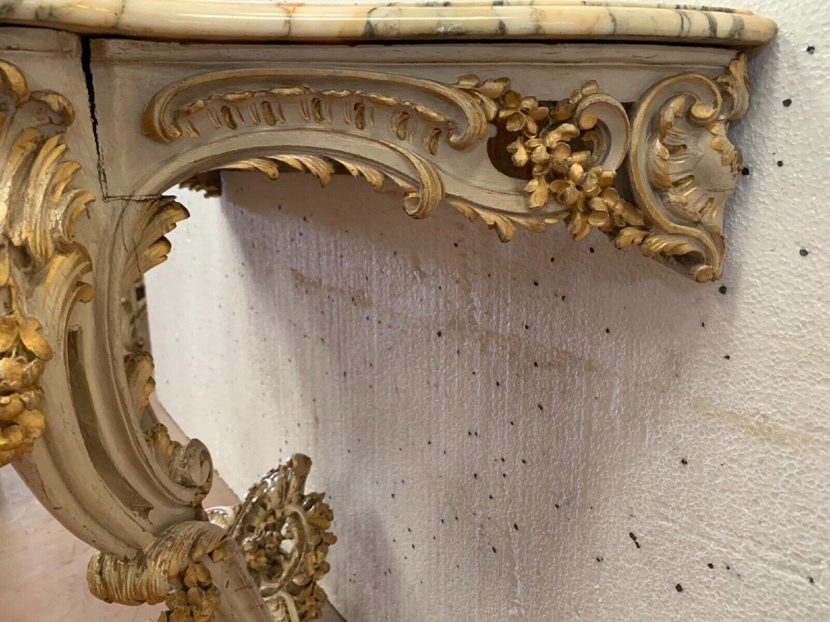 Louis XV Style Carved Console In Painted And Gilded Wood XX Century-photo-3