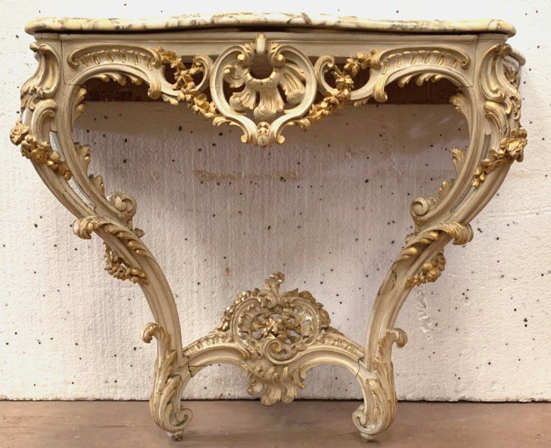 Louis XV Style Carved Console In Painted And Gilded Wood XX Century-photo-7