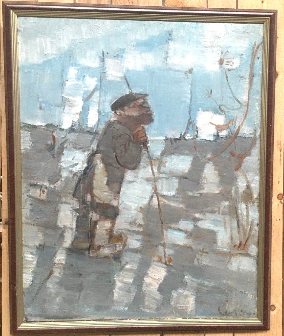 Oil On Canvas "farmer In The Field" Russian Painter Signed And Dated 1989