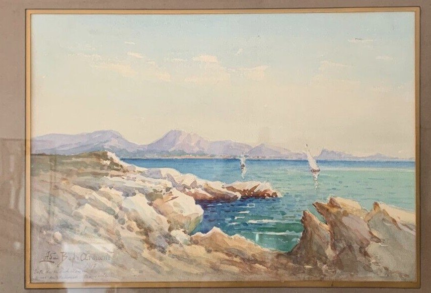 Gouache Encadrée "deux Bateaux Sur Un Lac De Montagne "xx Siècle-photo-2