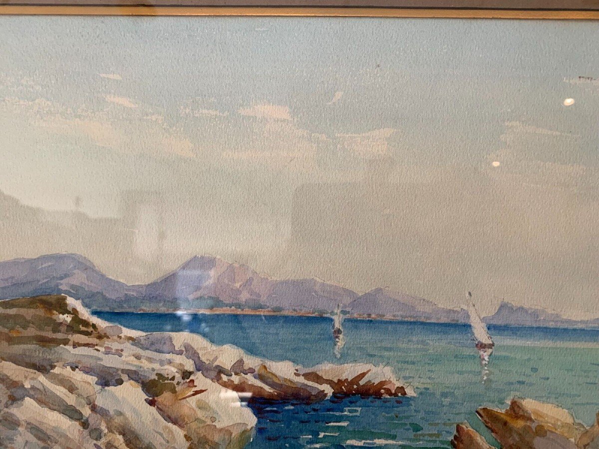 Gouache Encadrée "deux Bateaux Sur Un Lac De Montagne "xx Siècle-photo-4