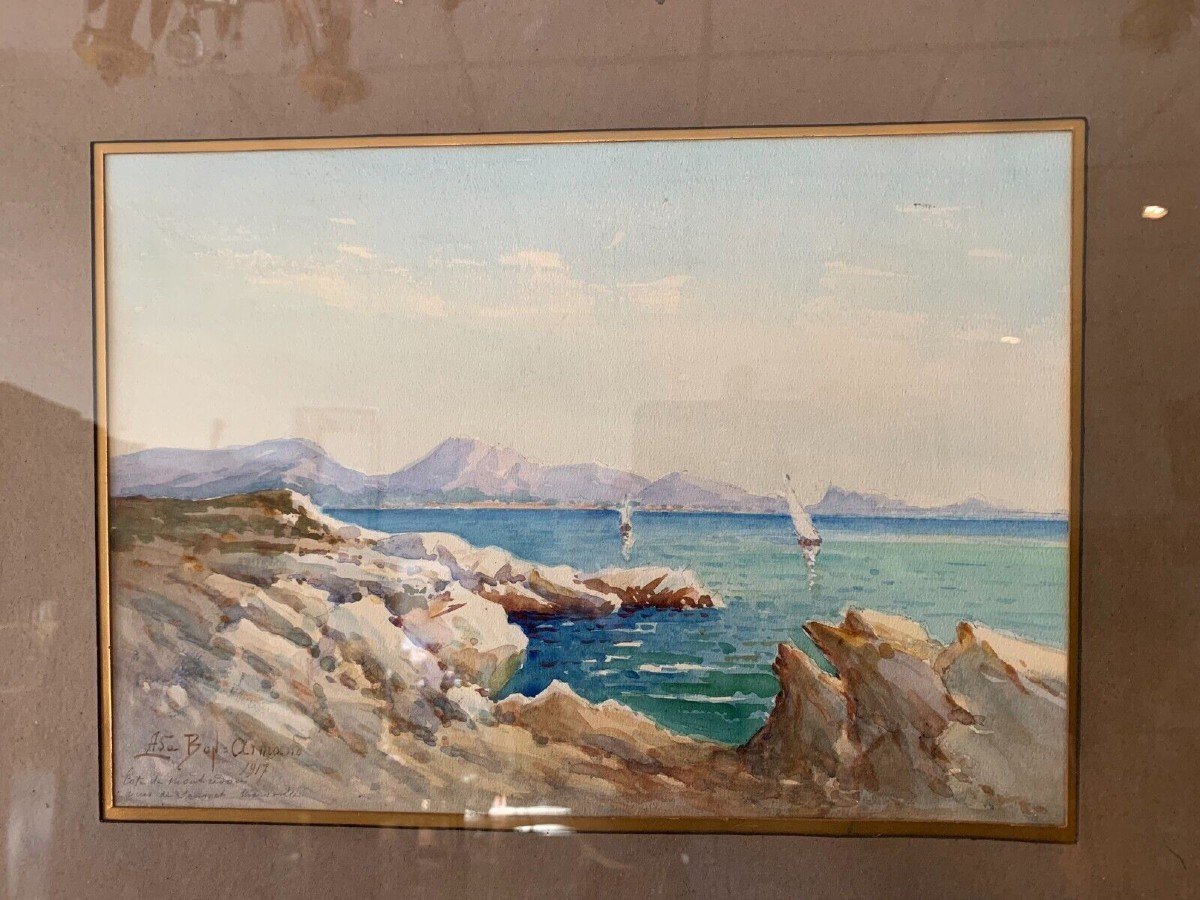 Gouache Encadrée "deux Bateaux Sur Un Lac De Montagne "xx Siècle-photo-5