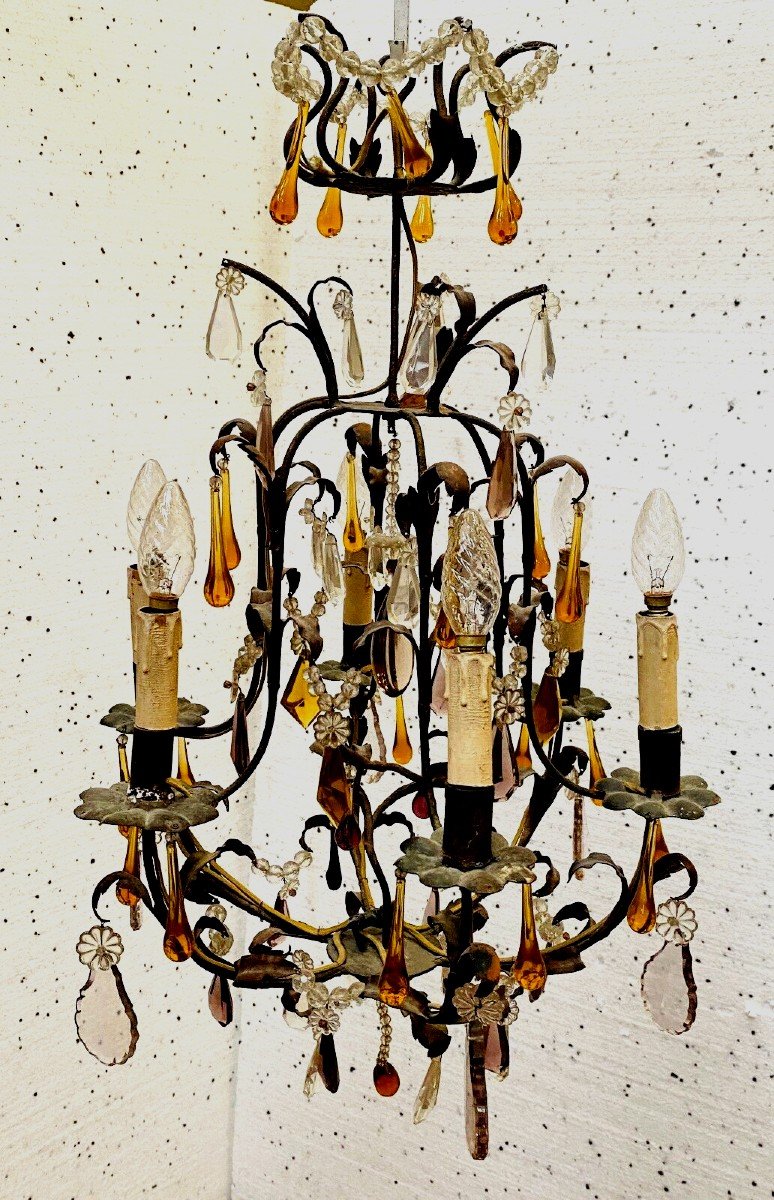 Louis XV Style Cage Chandelier With Pendeloques And Water Drop XX Century