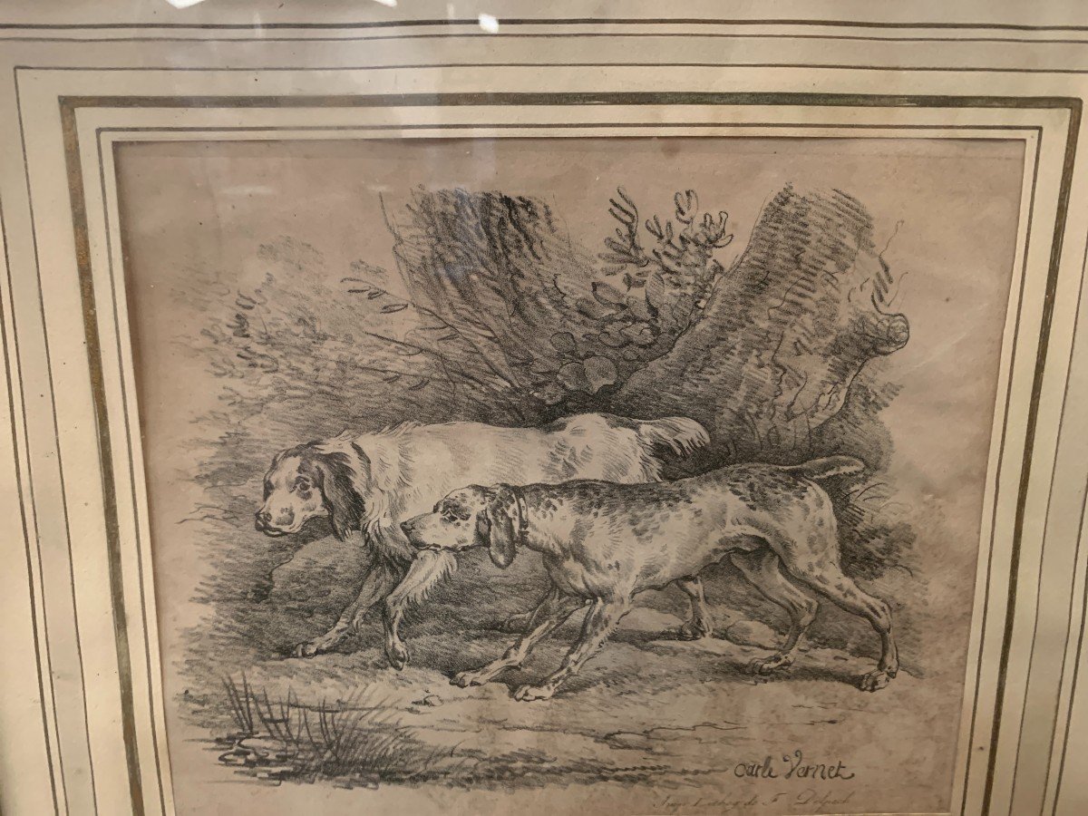 Framed Engraving Decorated With Two Dogs At The Stop XIX Century-photo-2