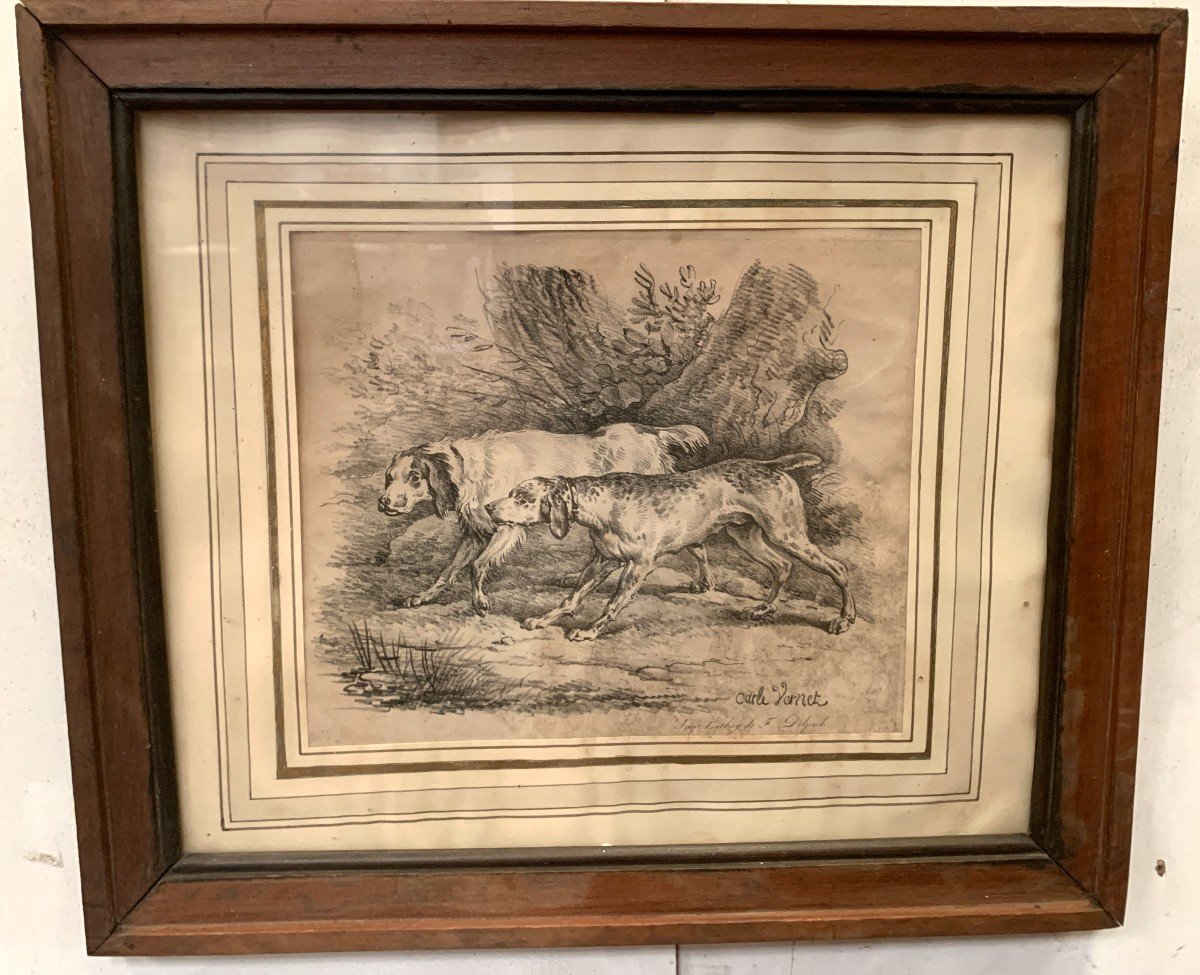 Framed Engraving Decorated With Two Dogs At The Stop XIX Century