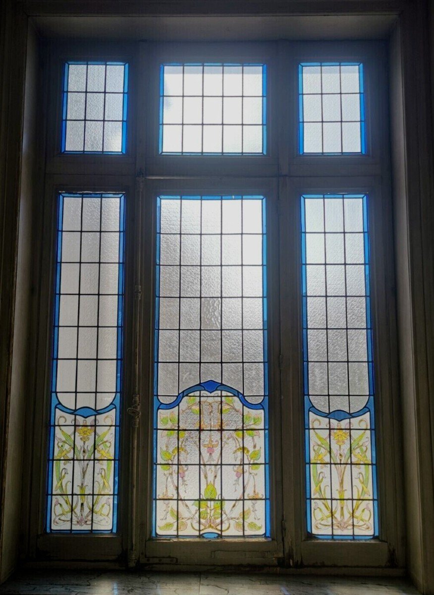 Fenêtre A Imposte En Vitrail Art Déco Vers 1900 XX Siècle-photo-2
