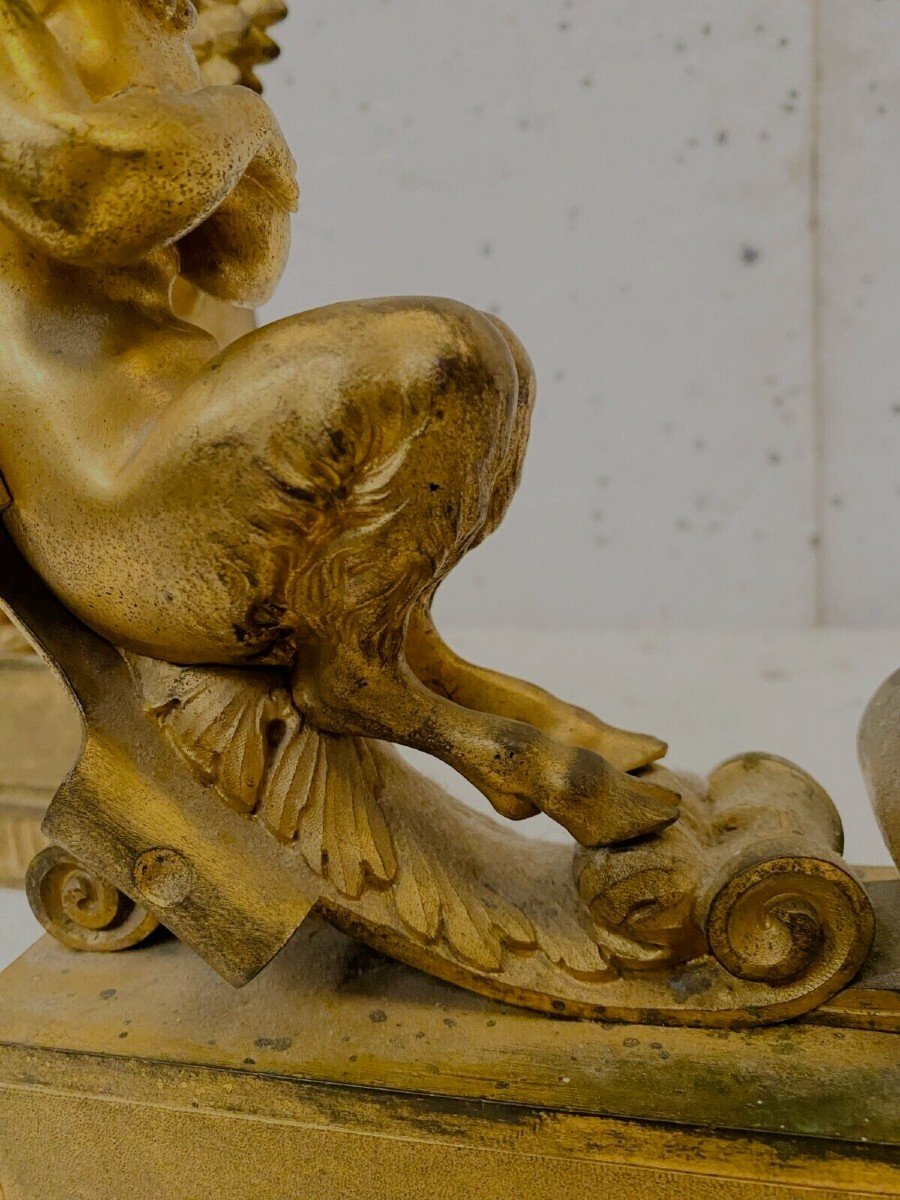 Paire De Chenets En Bronze Doré A Décor De Faunes Ailés XIX Siècle-photo-4