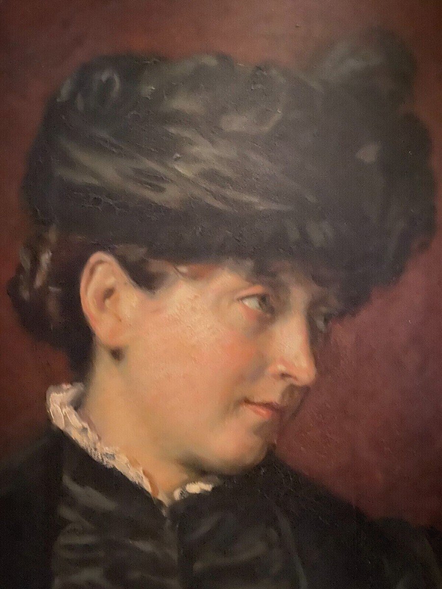 Huile Sur Panneau d'Acajou " Jeune Femme Au Chapeau" XX Siècle-photo-3