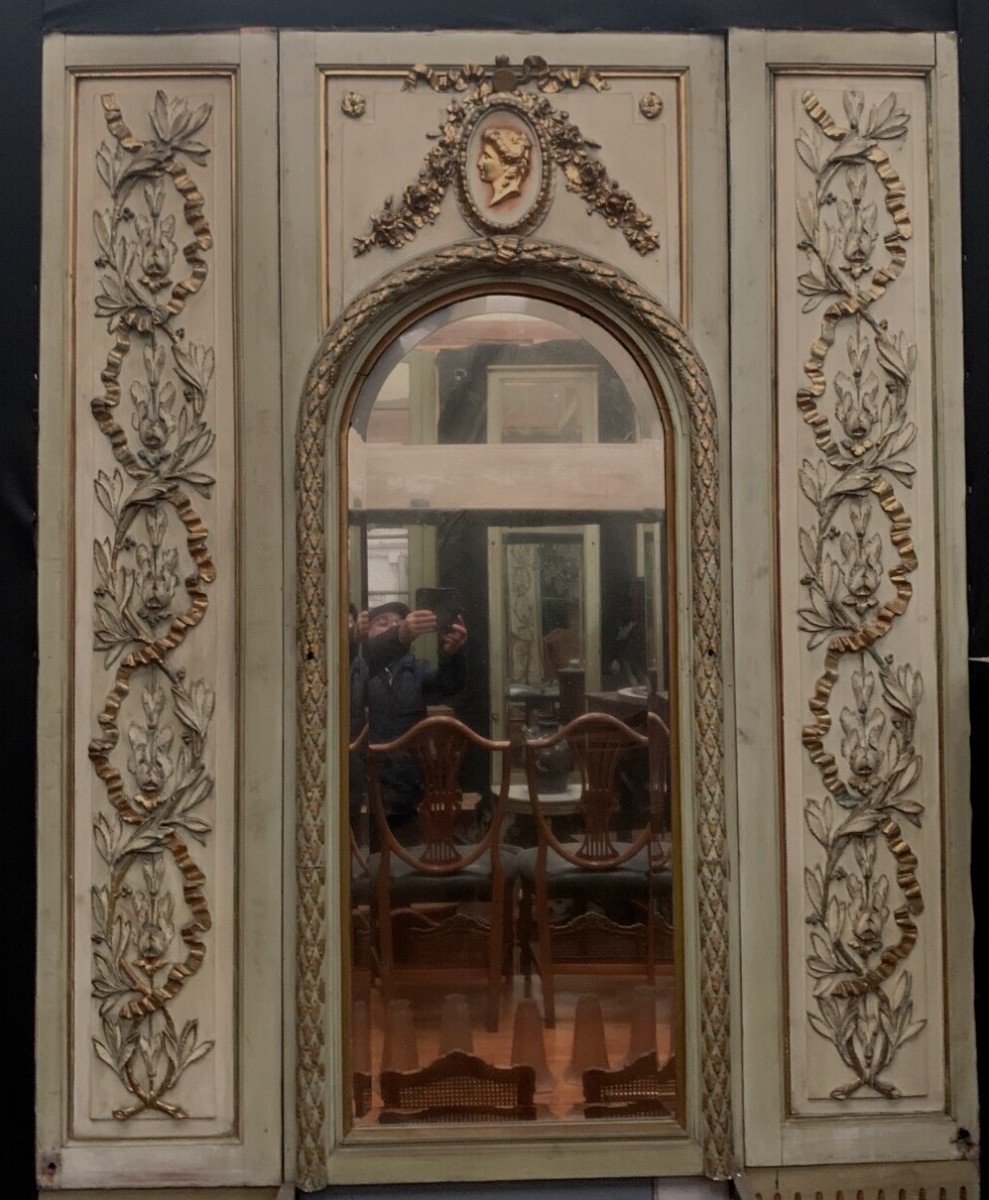 Miroir De Cheminée En Bois Et Stuc Patiné Et Doré XIX Siècle-photo-2