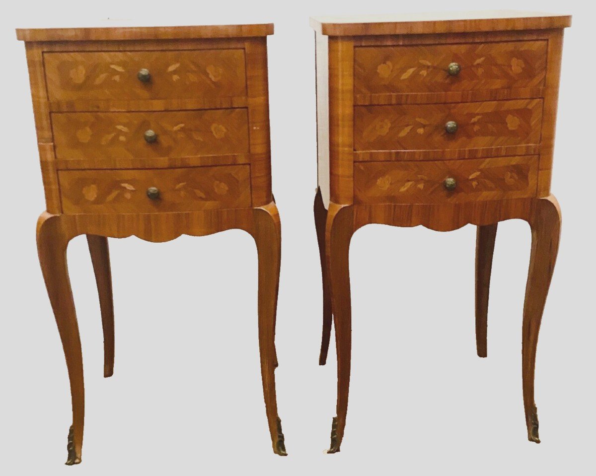 Pair Of Small Louis XV Style Chests Of Inlaid Veneer Wood 20th Century-photo-5