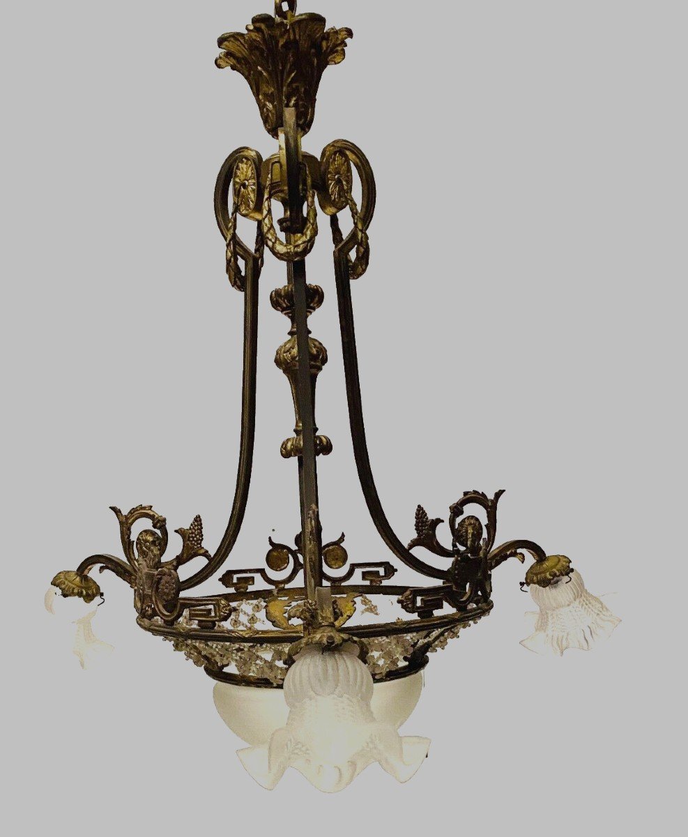 Lustre De Style Louis XV En Bronze Et Verre Dépoli XX Siècle
