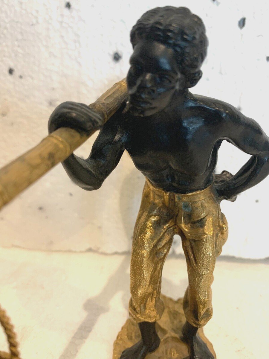 Bronze Group With Double Patina "man With Basket Pendulum" 20th Century-photo-2