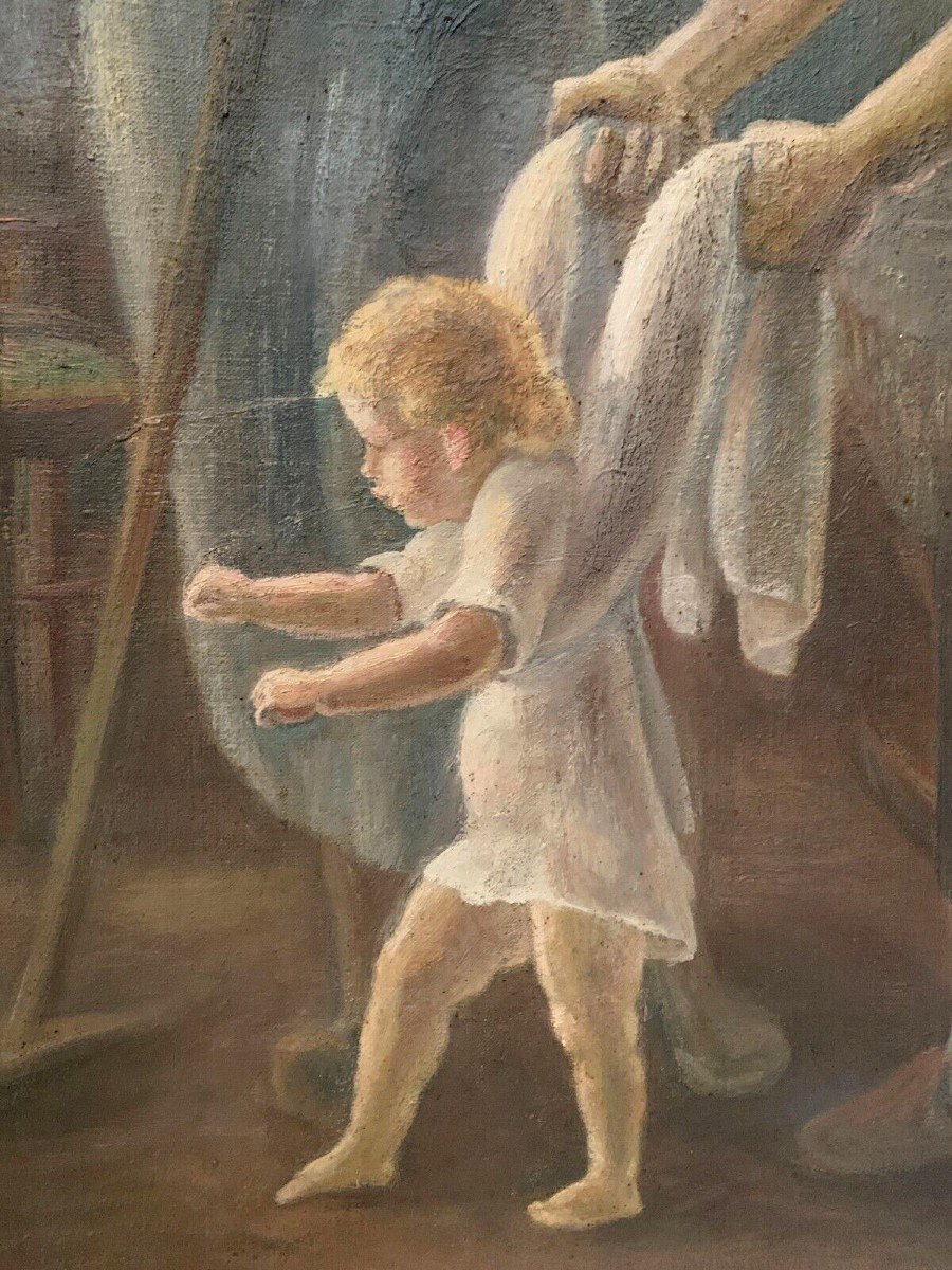Huile Sur Toile Encadrée "scène Animée " XX Siècle-photo-2