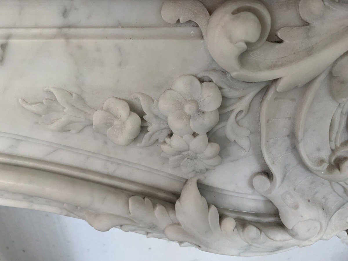 Louis XV Style Fireplace In White Carrara Marble 19th Century-photo-3