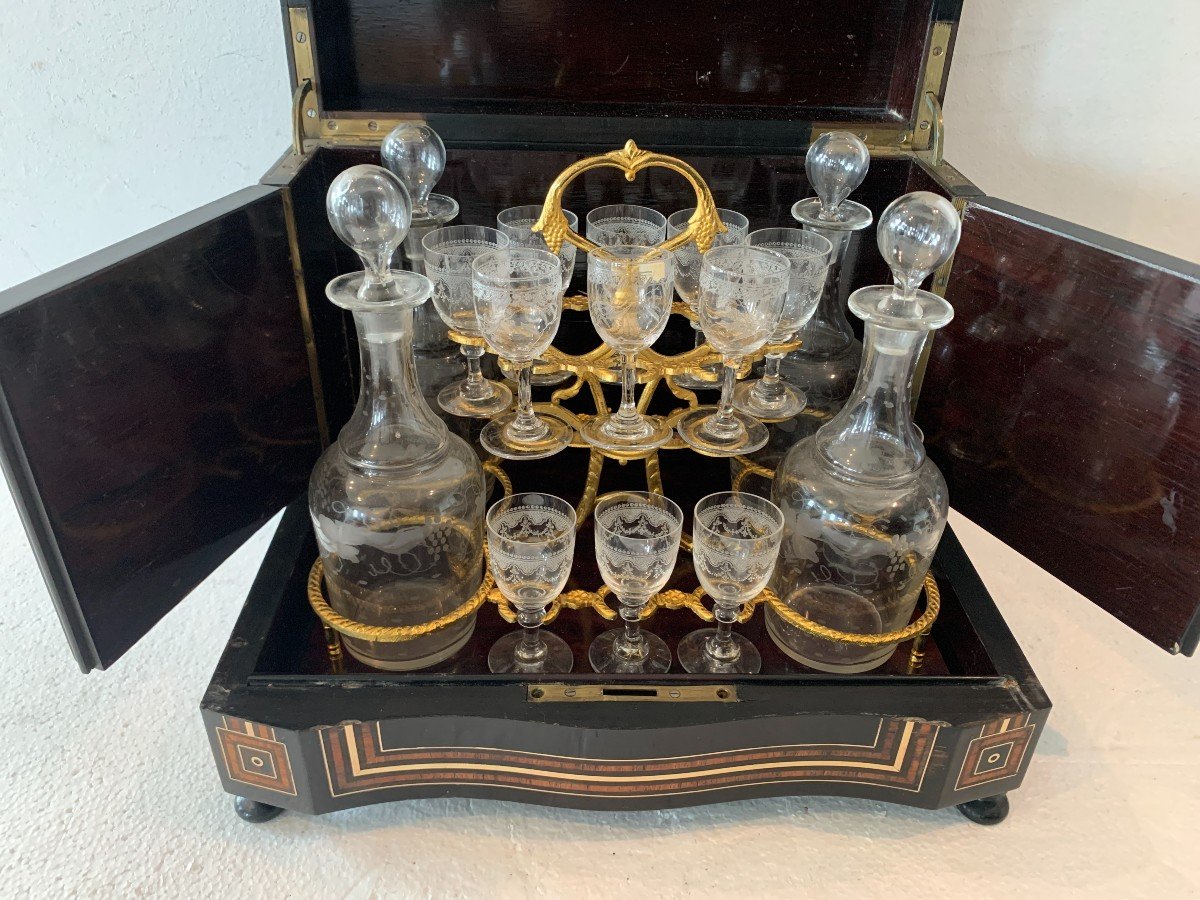 Cave a liqueur complète en marqueterie Boulle coffret Napoléon III XIX siècle-photo-8
