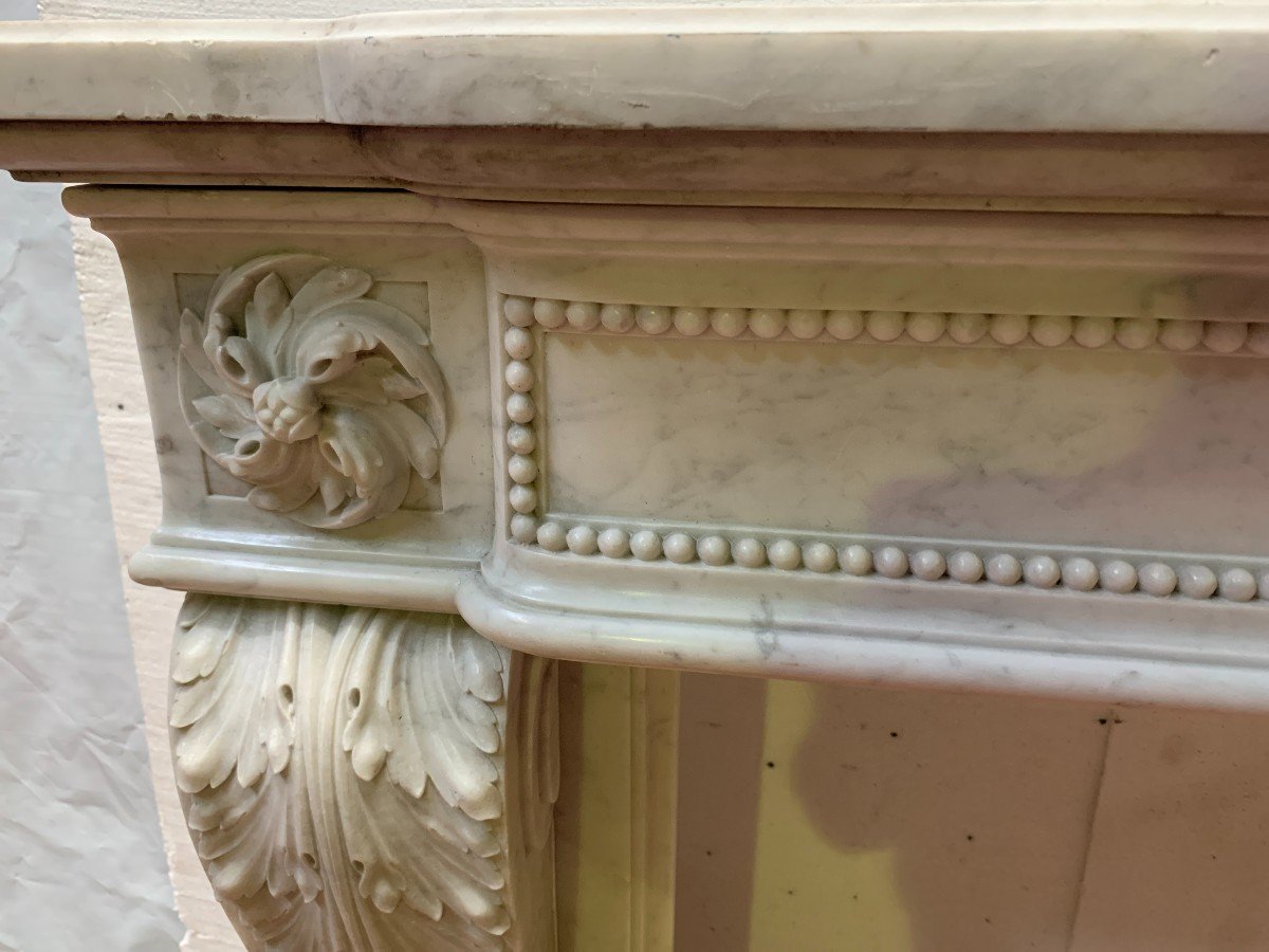 Louis XVI Style Fireplace In White Carrara Marble, 19th Century-photo-2