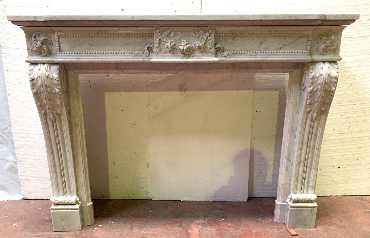 Louis XVI Style Fireplace In White Carrara Marble, 19th Century