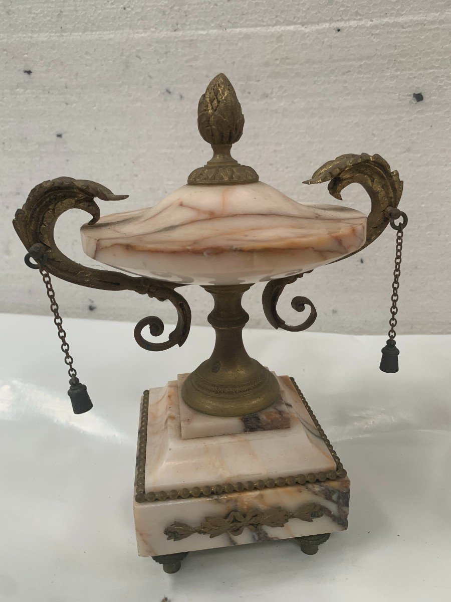 Louis XVI Style Three Piece Marble And Chiseled Bronze Fireplace Set-photo-1