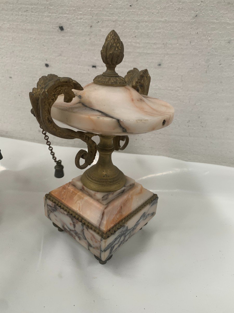 Louis XVI Style Three Piece Marble And Chiseled Bronze Fireplace Set-photo-6