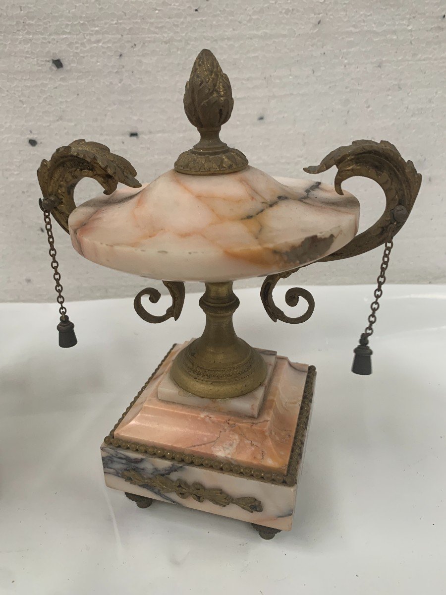 Louis XVI Style Three Piece Marble And Chiseled Bronze Fireplace Set-photo-7