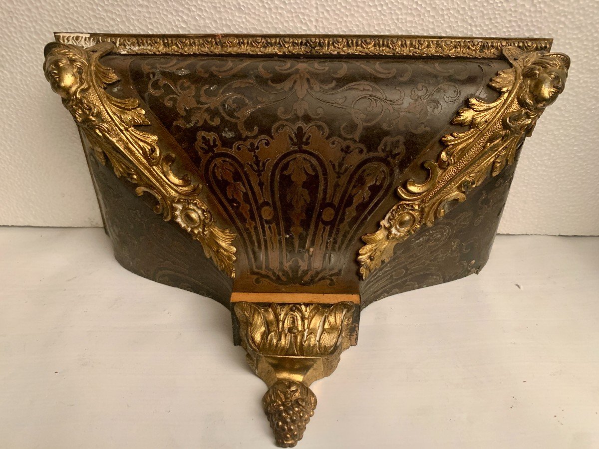Cartel Et Son Cul De Lampe En Marqueterie De Laiton Et écaille Brune XXsiècle-photo-3