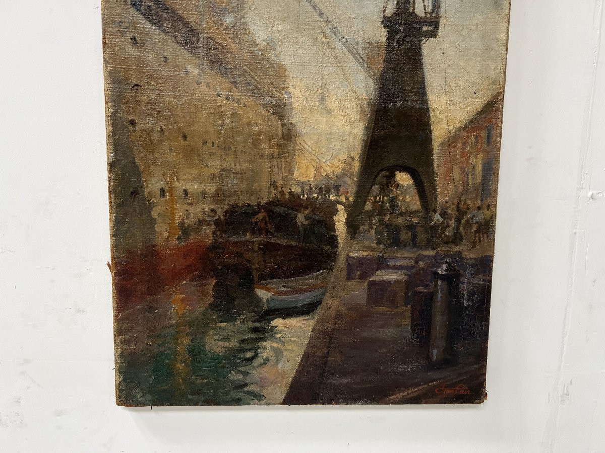Oil On Canvas "ocean Liner Leaving The Quay" 20th Century-photo-2
