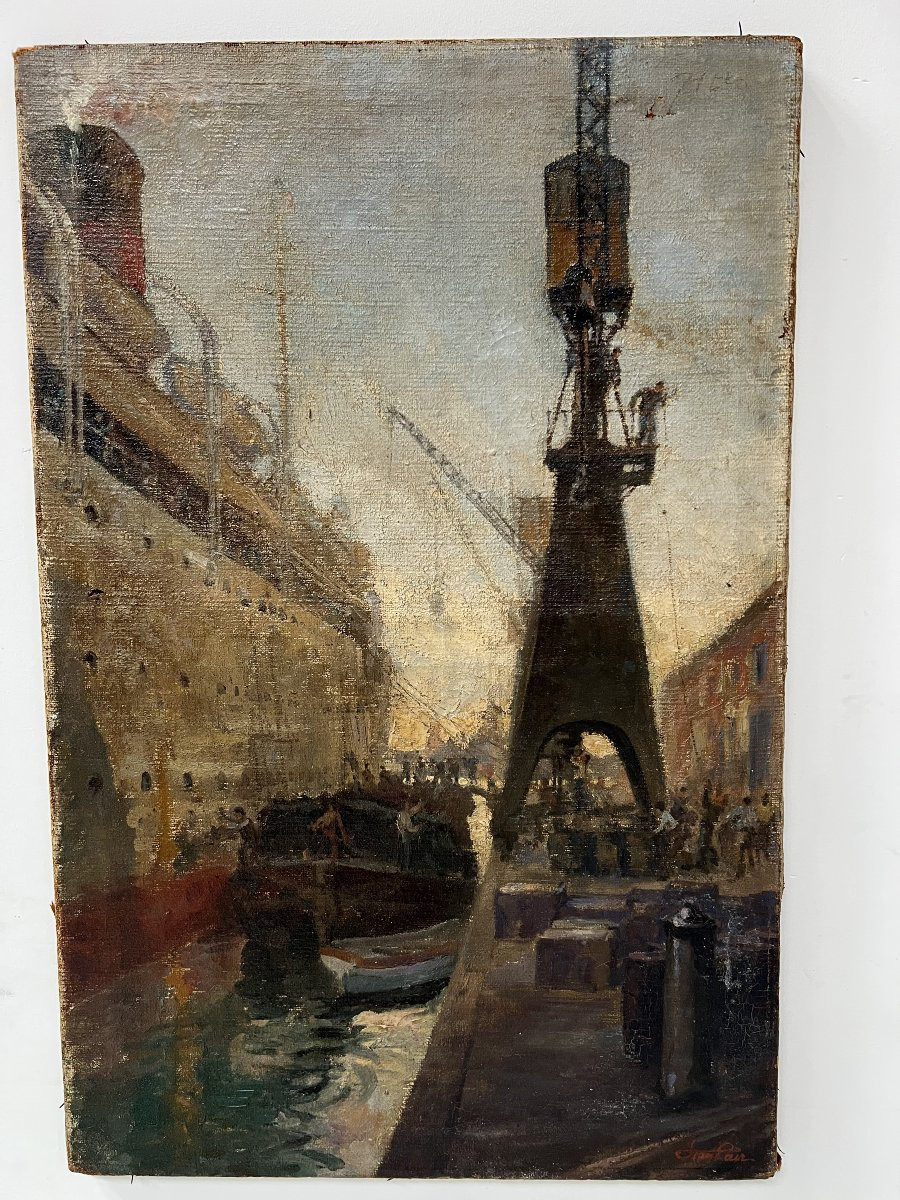 Oil On Canvas "ocean Liner Leaving The Quay" 20th Century-photo-4