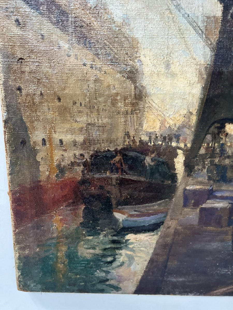 Oil On Canvas "ocean Liner Leaving The Quay" 20th Century-photo-7