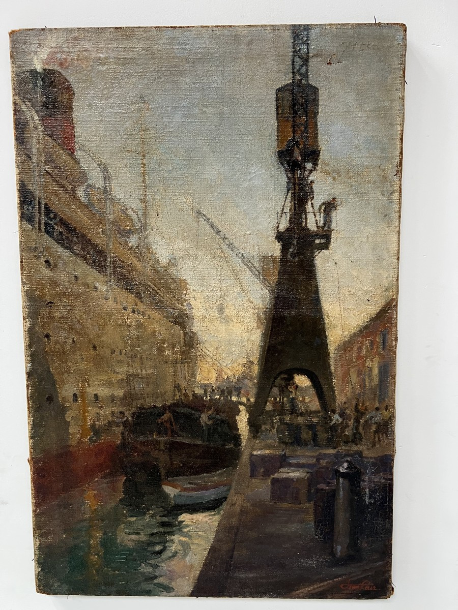 Oil On Canvas "ocean Liner Leaving The Quay" 20th Century