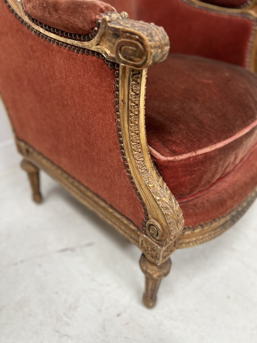 Two Louis XVI Style Wing Chairs In Gilded Wood, 20th Century-photo-1