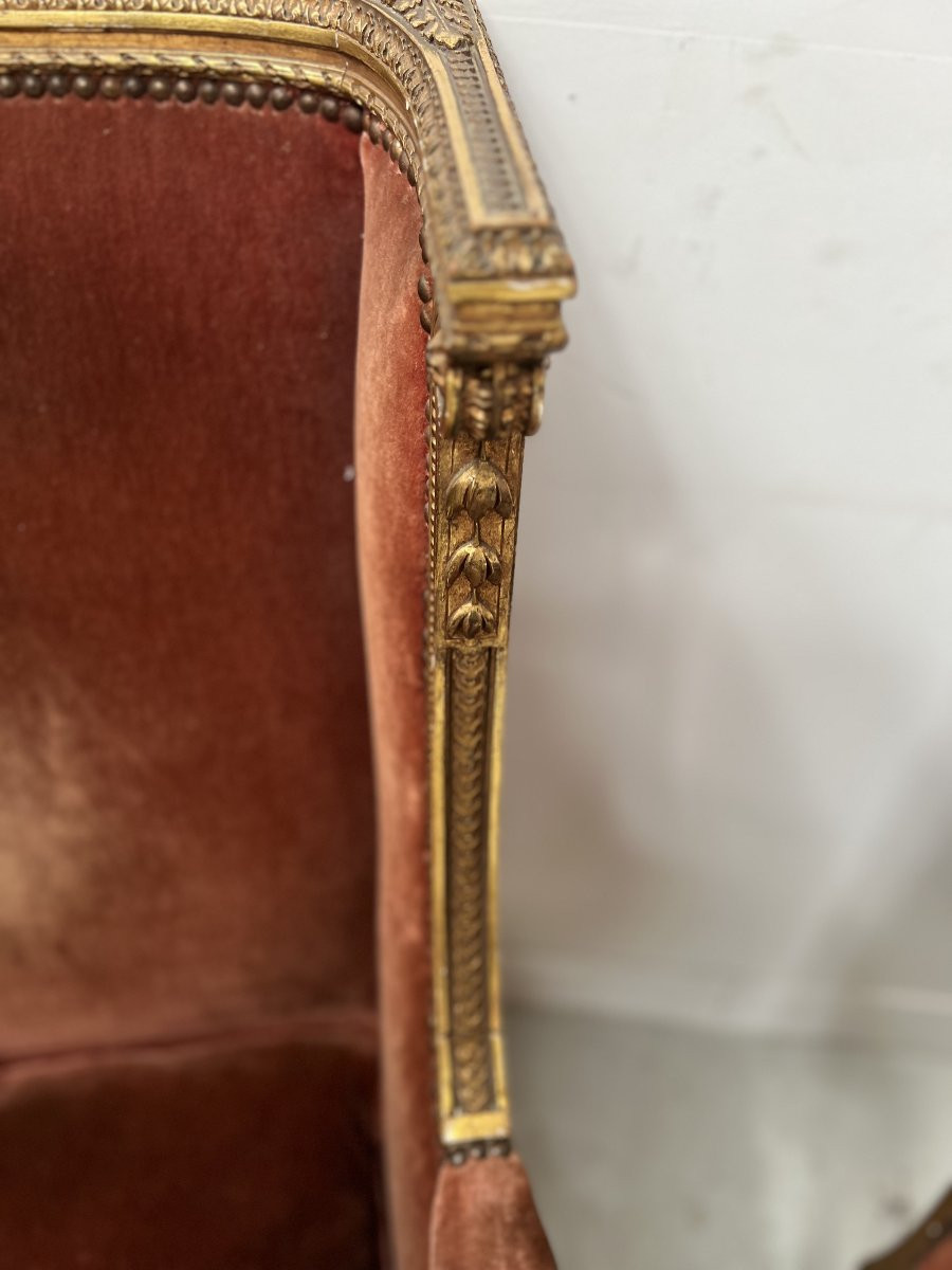 Two Louis XVI Style Wing Chairs In Gilded Wood, 20th Century-photo-7