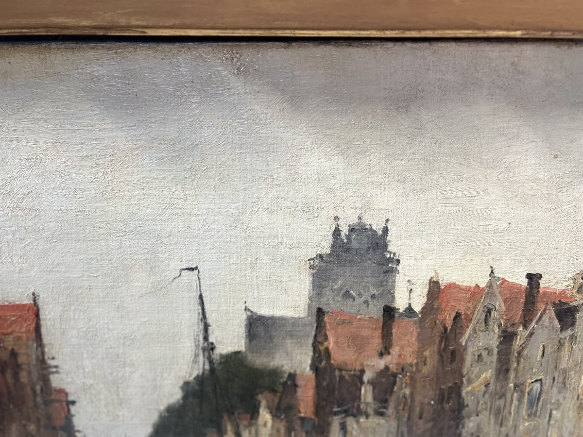 Huile sur toile "Vue de la ville sur le canal" par Franck BOGGS XIX siècle-photo-2