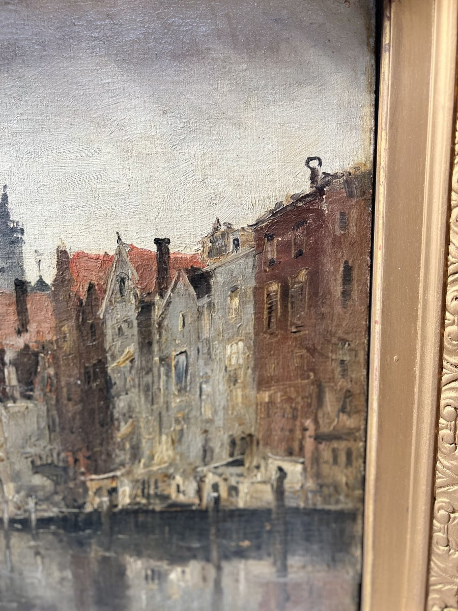 Huile sur toile "Vue de la ville sur le canal" par Franck BOGGS XIX siècle-photo-4