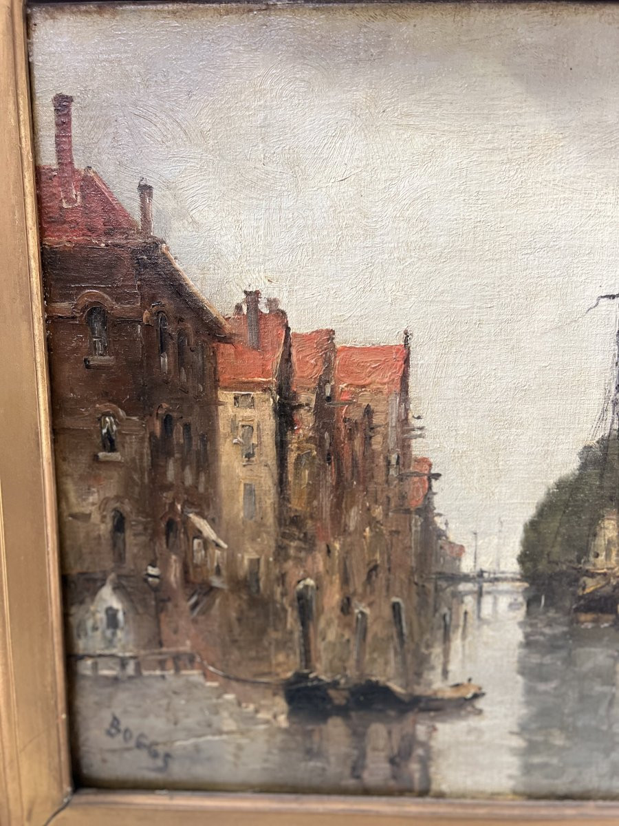 Huile sur toile "Vue de la ville sur le canal" par Franck BOGGS XIX siècle-photo-5
