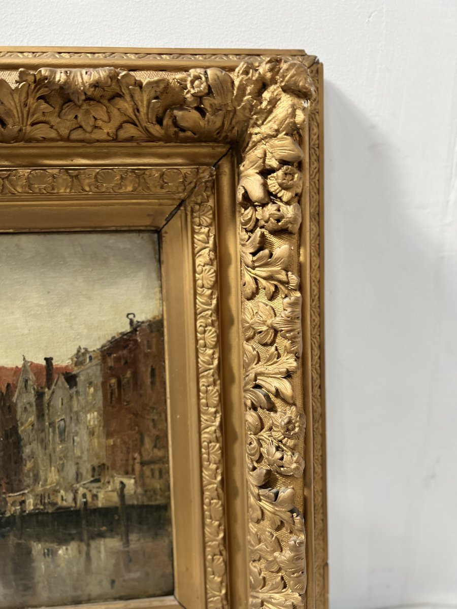 Huile sur toile "Vue de la ville sur le canal" par Franck BOGGS XIX siècle-photo-6