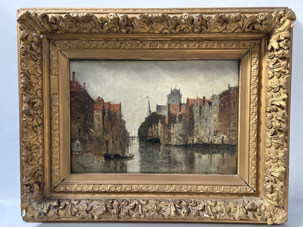 Huile sur toile "Vue de la ville sur le canal" par Franck BOGGS XIX siècle