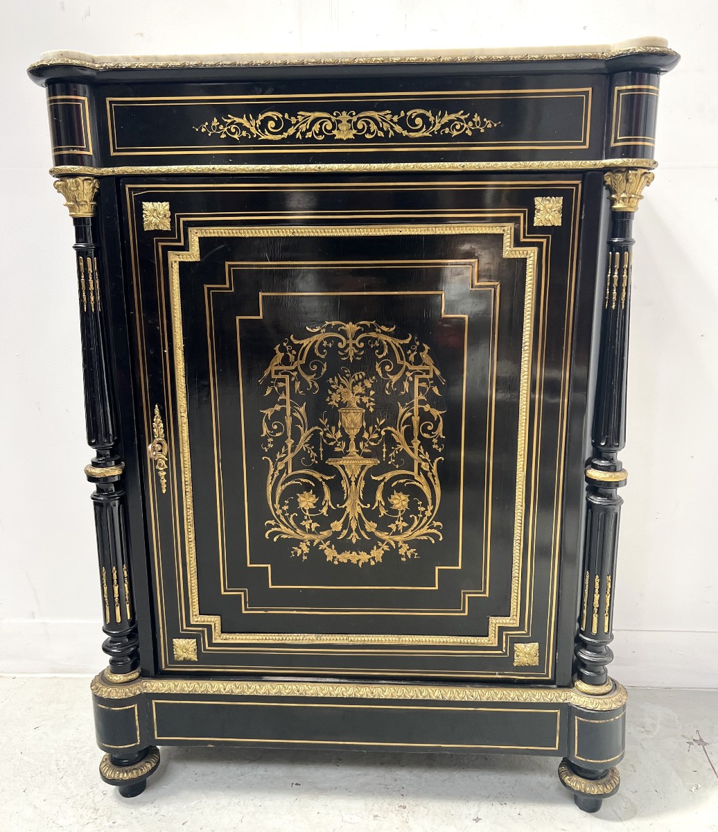 Napoleon III Furniture With A Black Wooden Door And 19th Century Brass Marquetry