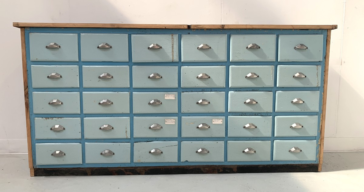 30-drawer Storage Unit In Patinated Fir, 20th Century