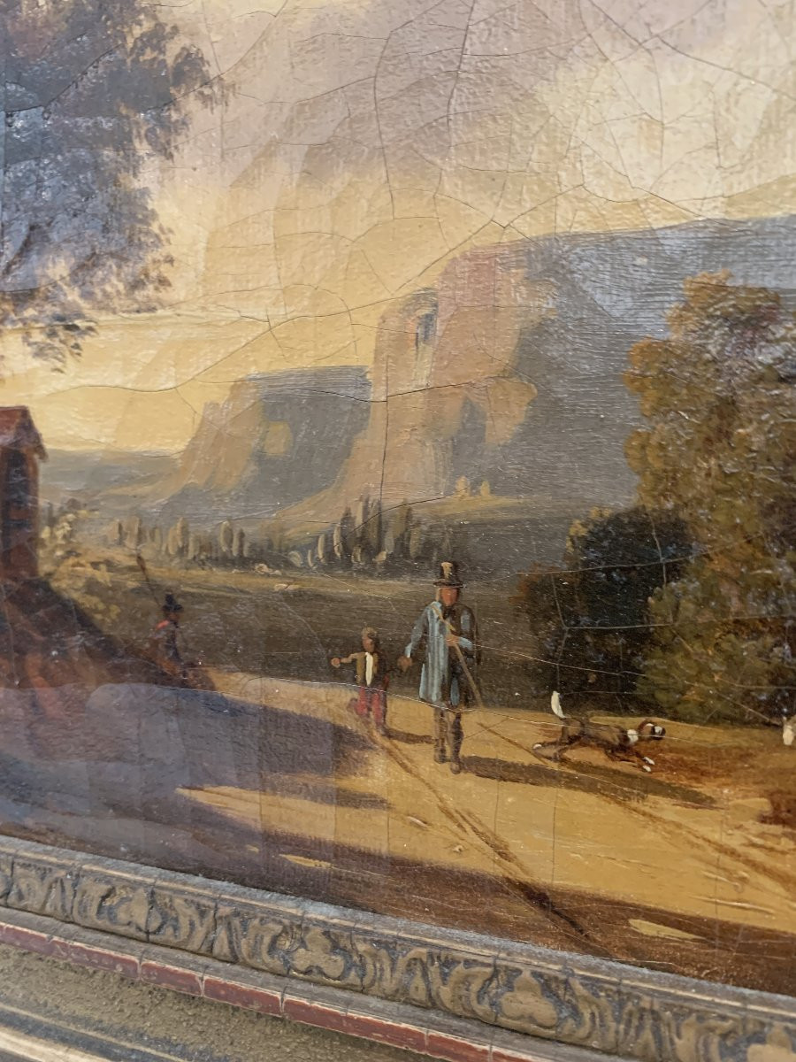 Huile sur toile "Paysage animé " cadre en bois et stuc doré XIX siècle-photo-3