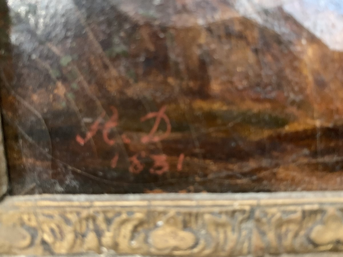 Huile sur toile "Paysage animé " cadre en bois et stuc doré XIX siècle-photo-5