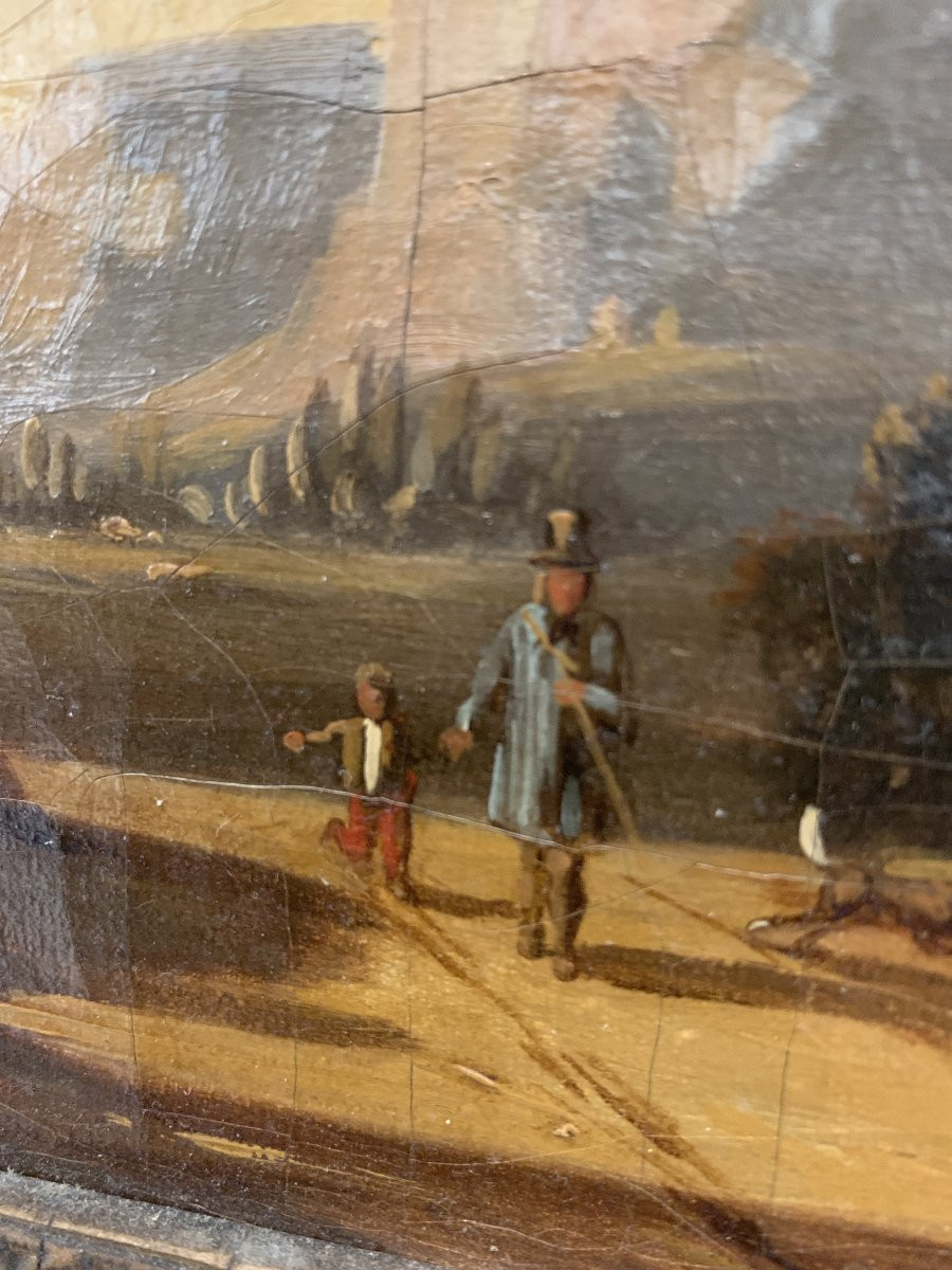 Huile sur toile "Paysage animé " cadre en bois et stuc doré XIX siècle-photo-6