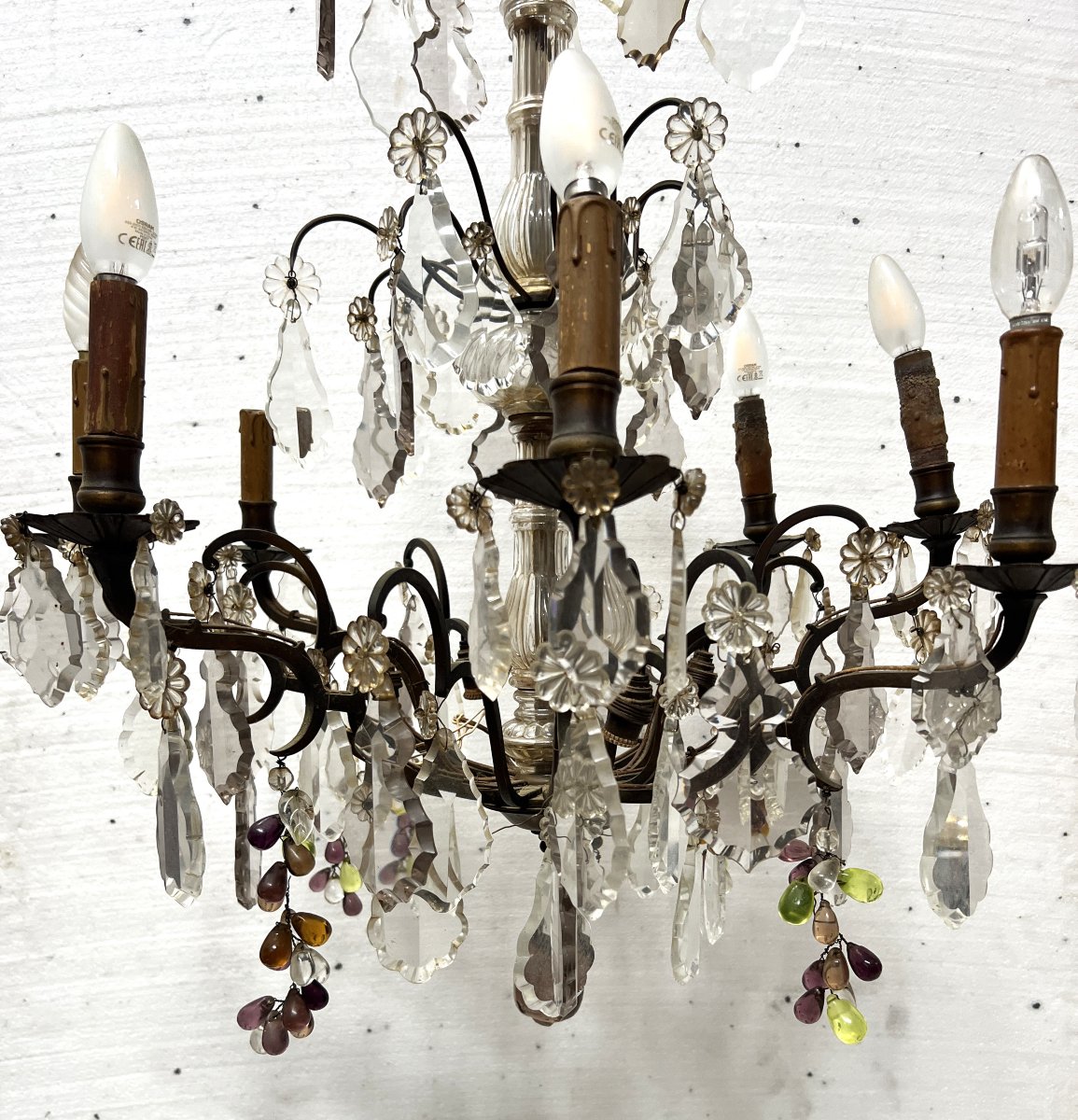 Lustre de style Louis XV a pendeloques et fruits en verre coloré XX siècle-photo-2