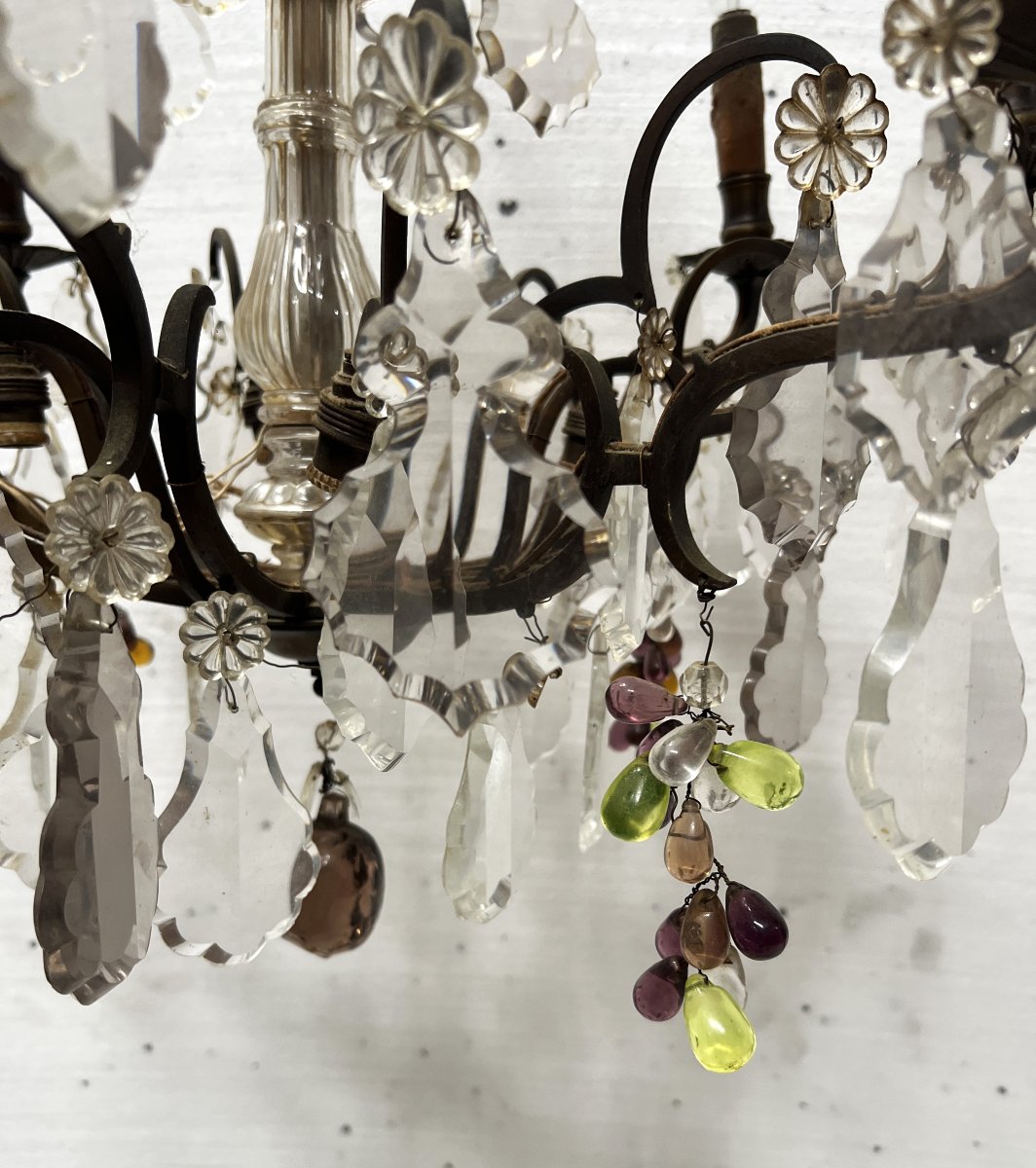 Lustre de style Louis XV a pendeloques et fruits en verre coloré XX siècle-photo-4