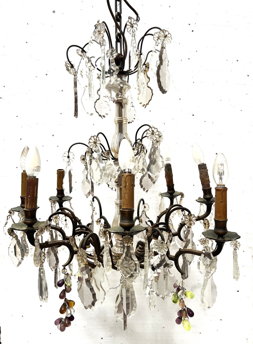 Lustre de style Louis XV a pendeloques et fruits en verre coloré XX siècle-photo-3