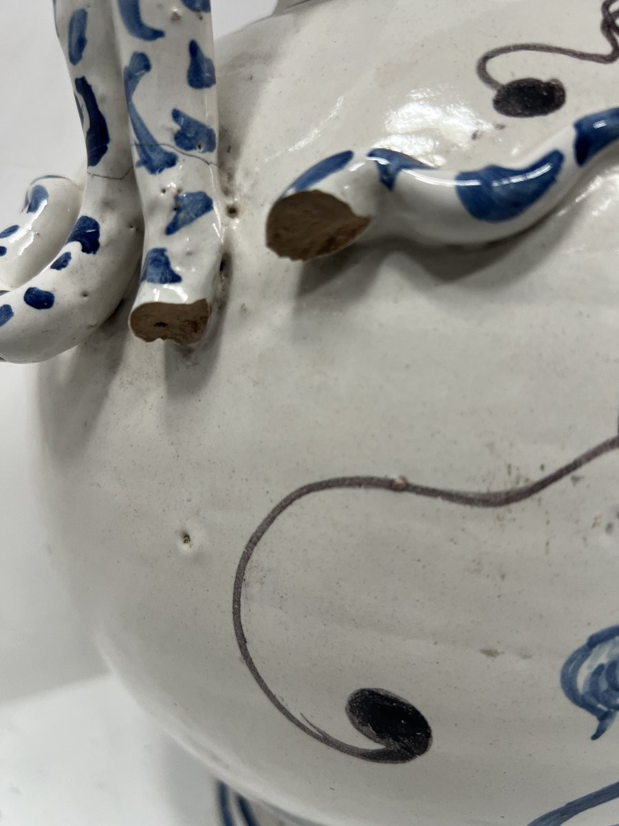 19th Century Blue And White Earthenware Vase With Handles-photo-3