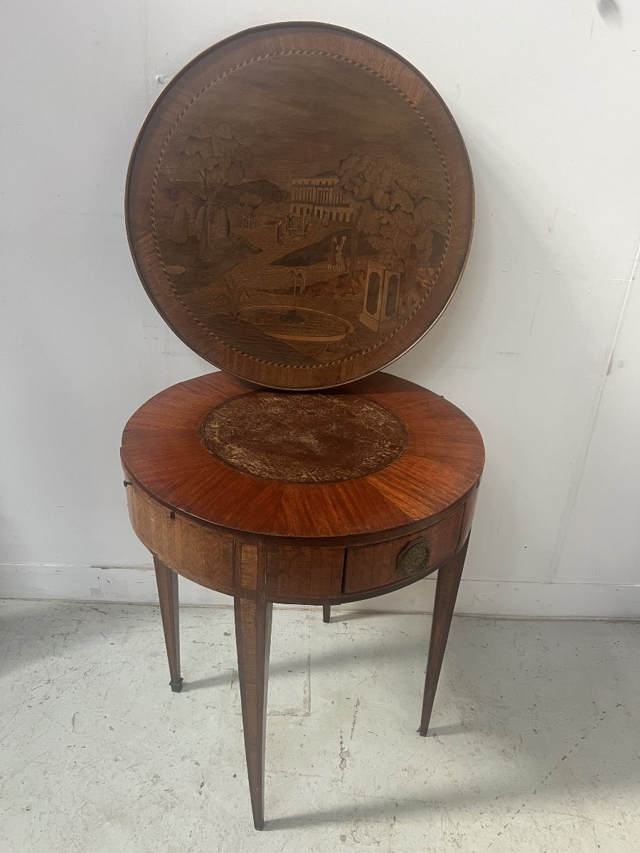 Louis XVI Style Marquetry Pedestal Table With Removable Top, 20th Century-photo-2