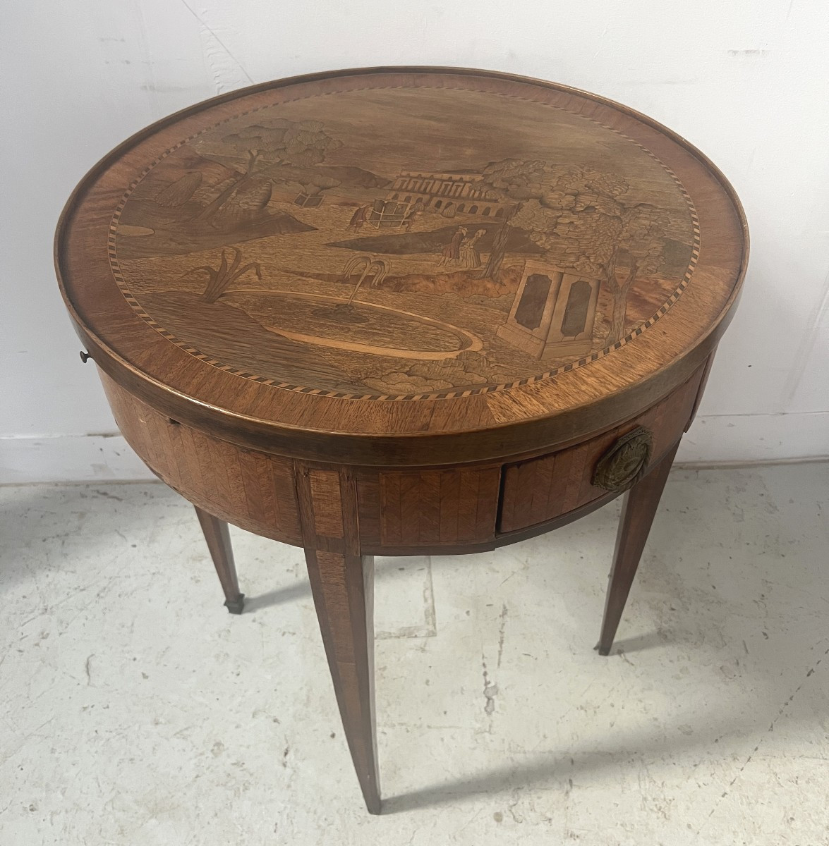 Louis XVI Style Marquetry Pedestal Table With Removable Top, 20th Century