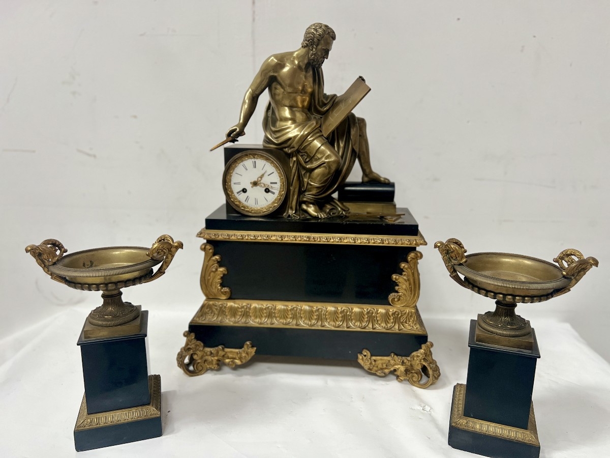 Garniture de cheminée Napoléon III en bronze et marbre XIX siècle